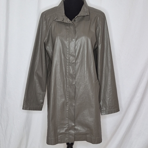 Eileen Fisher Olive Green Waxed Cotton Twill A-Line Jacket Hoodless - Size M - Picture 3 of 16